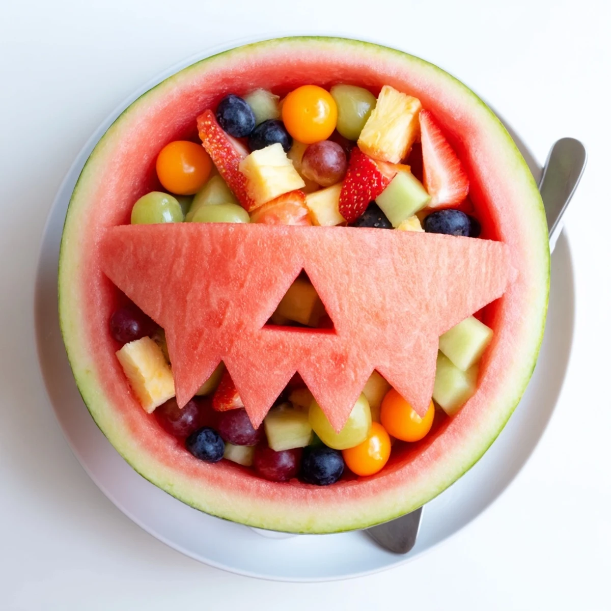 Fresh watermelon jack o lantern bowl overflowing with juicy cantaloupe pineapple and berries