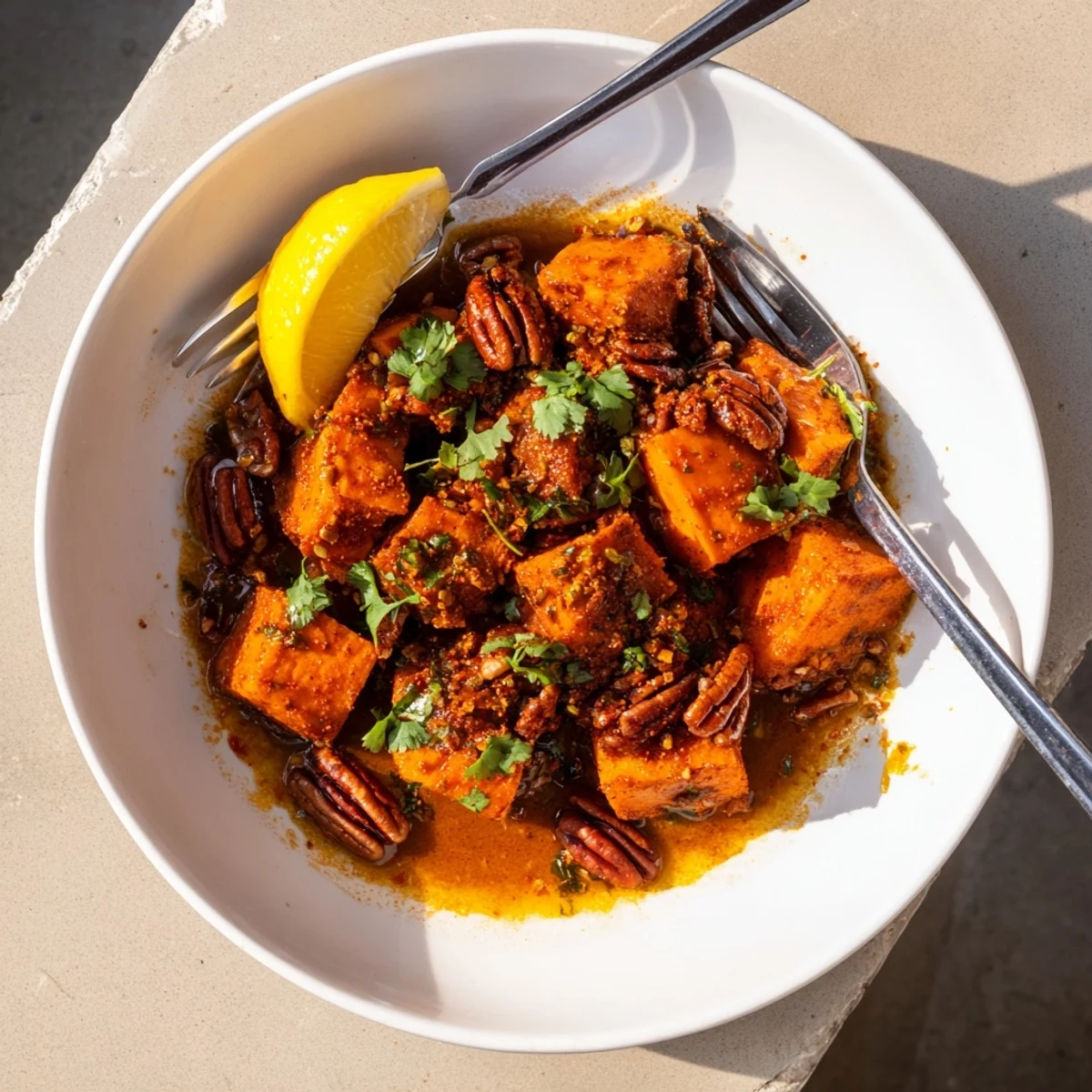 Golden braised sweet potatoes with crispy spicy piri piri pecans sprinkled on top