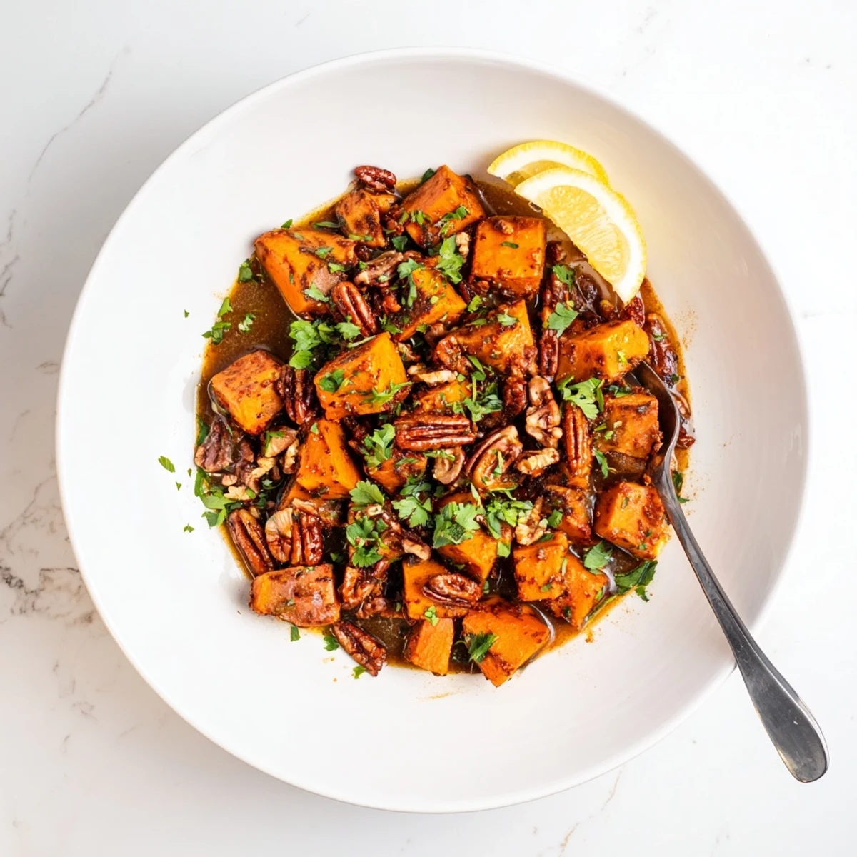 Tender glazed sweet potato cubes finished with crunchy toasted pecans and fresh herbs