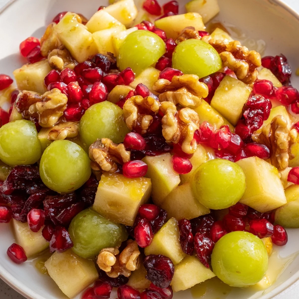 Colorful bowl of minute fall fruit salad with fresh apples, pears, and pomegranate arils drizzled with citrus honey dressing
