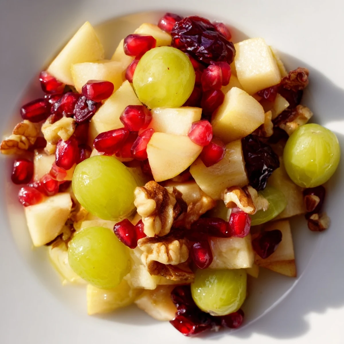 Fresh diced apples and pears tossed with grapes and cranberries in this easy ten minute fall fruit salad recipe