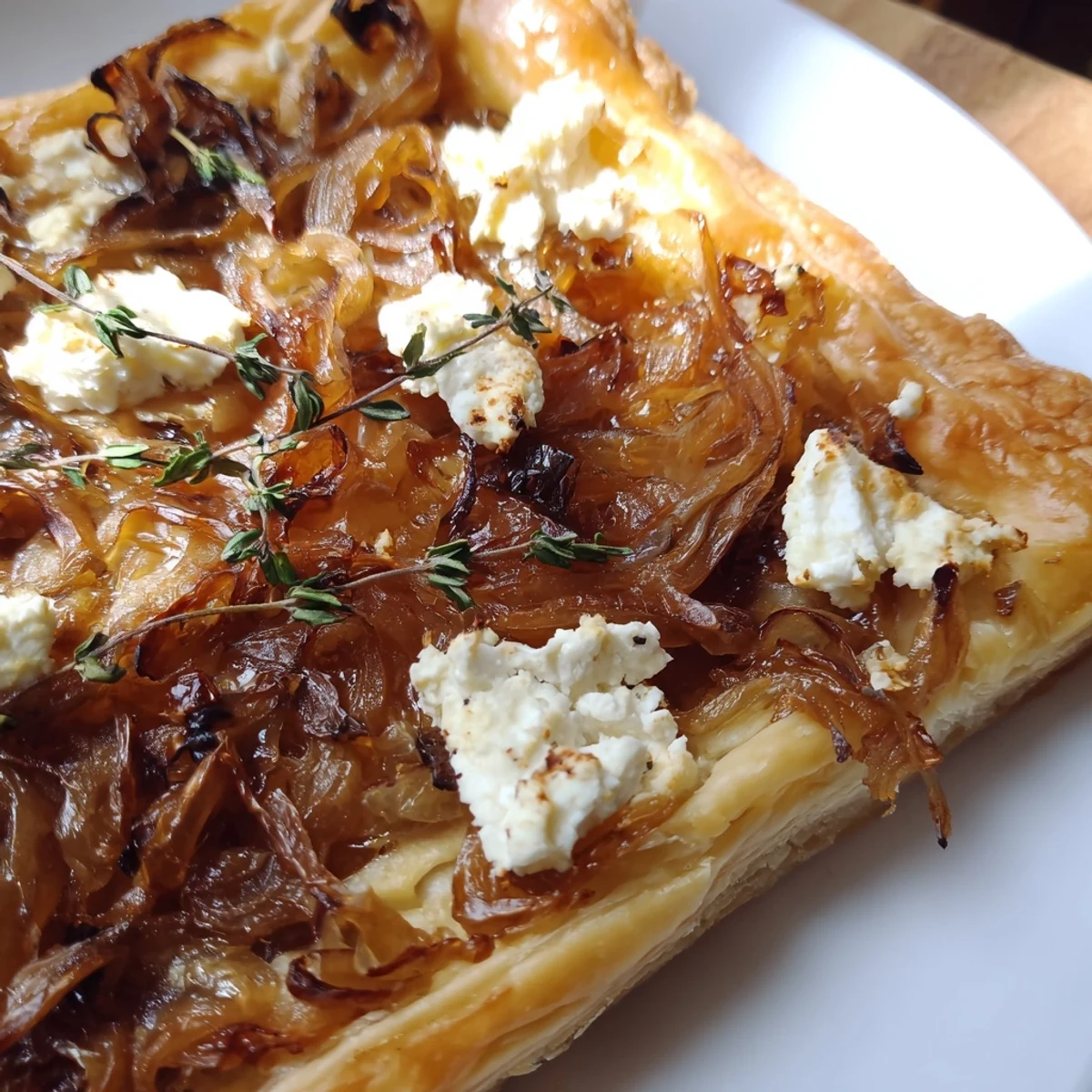 Flaky puff pastry appetizers topped with sweet onions and creamy goat cheese crumbles