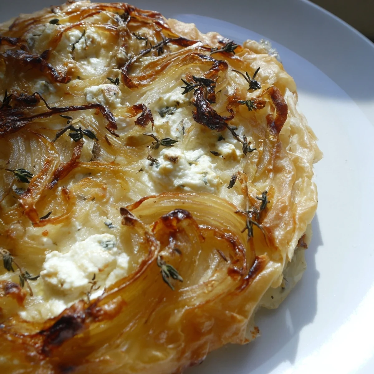 Golden brown caramelized onion and goat cheese tarts on a white serving plate