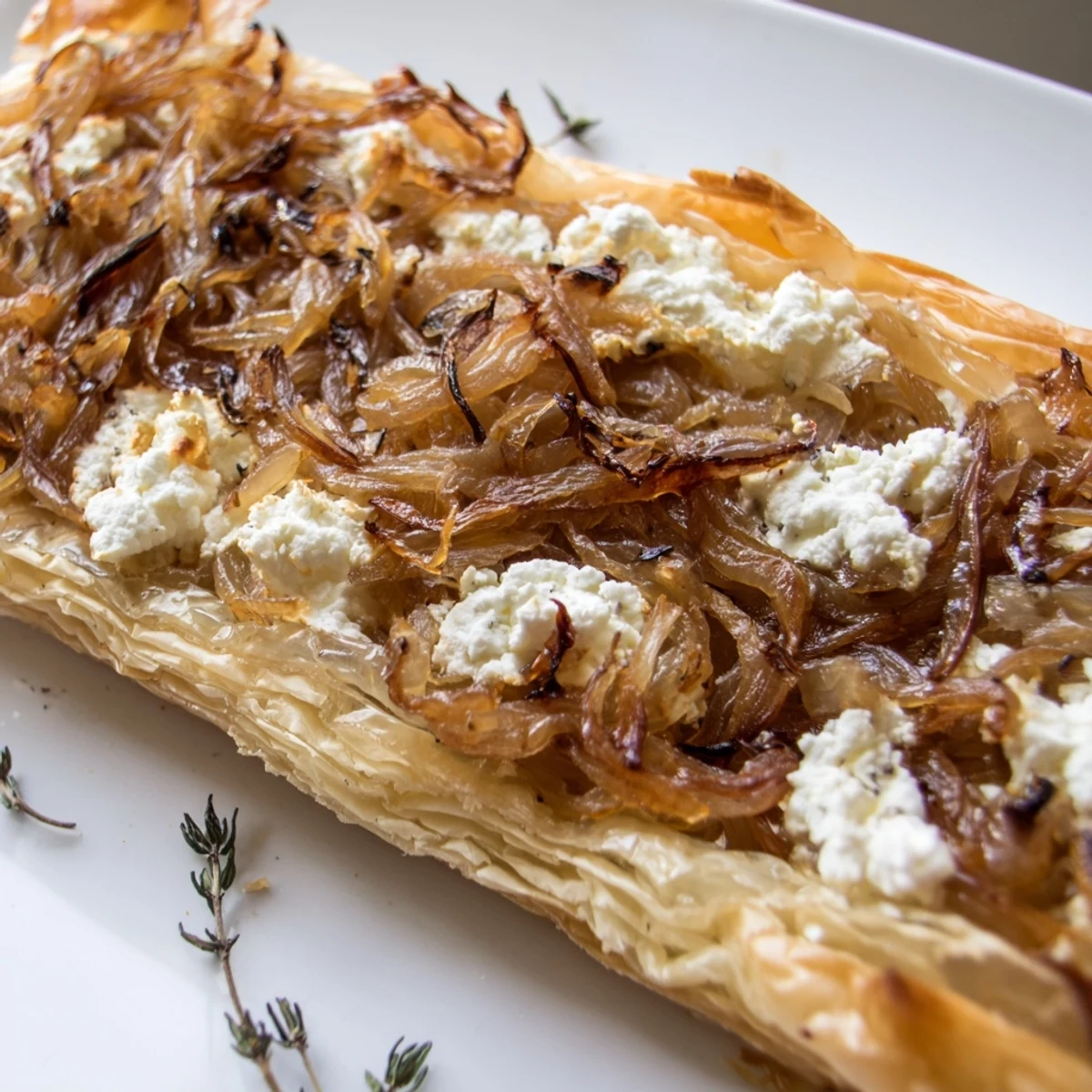 French-style caramelized onion and goat cheese tarts garnished with fresh green chives
