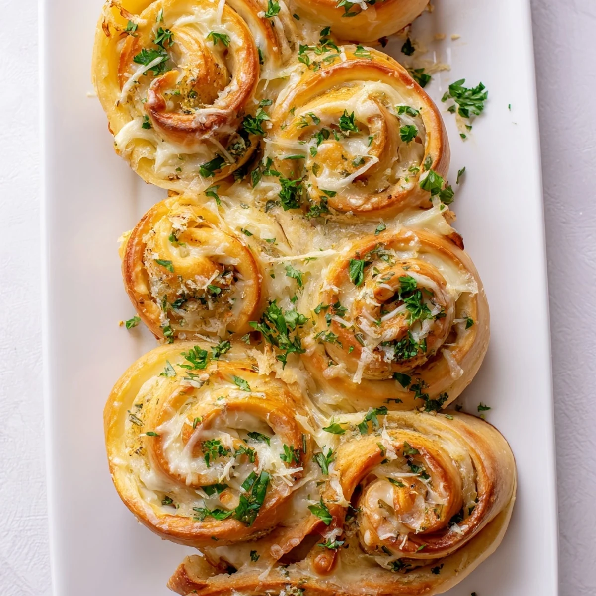 Soft warm garlic cheese rolls brushed with butter and sprinkled with fresh parsley