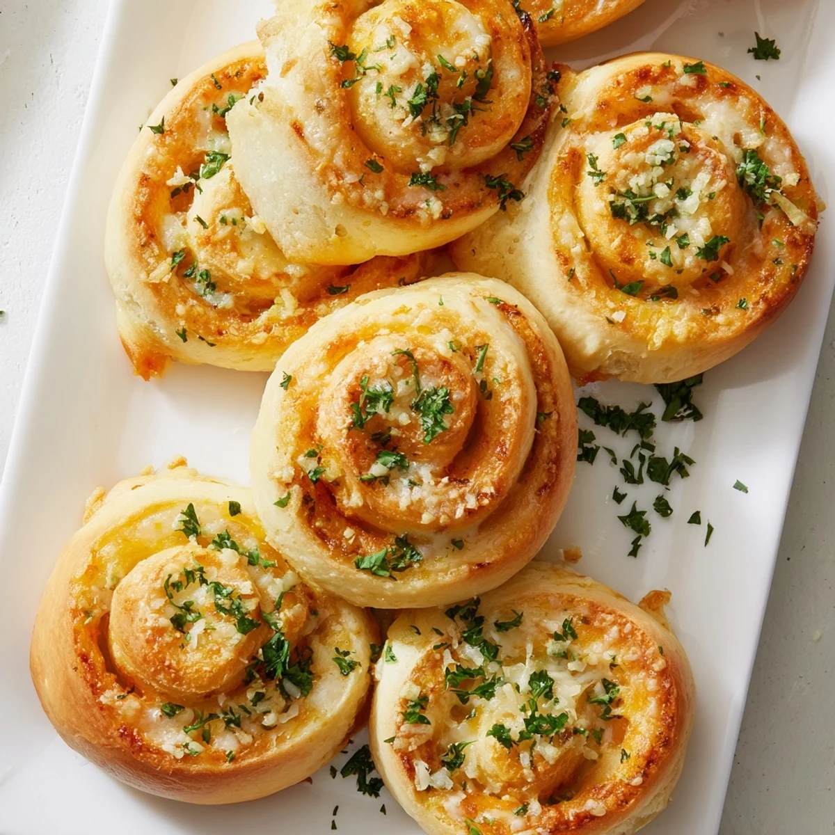 Golden brown buttery cheese garlic rolls fresh from the oven with melted parmesan topping