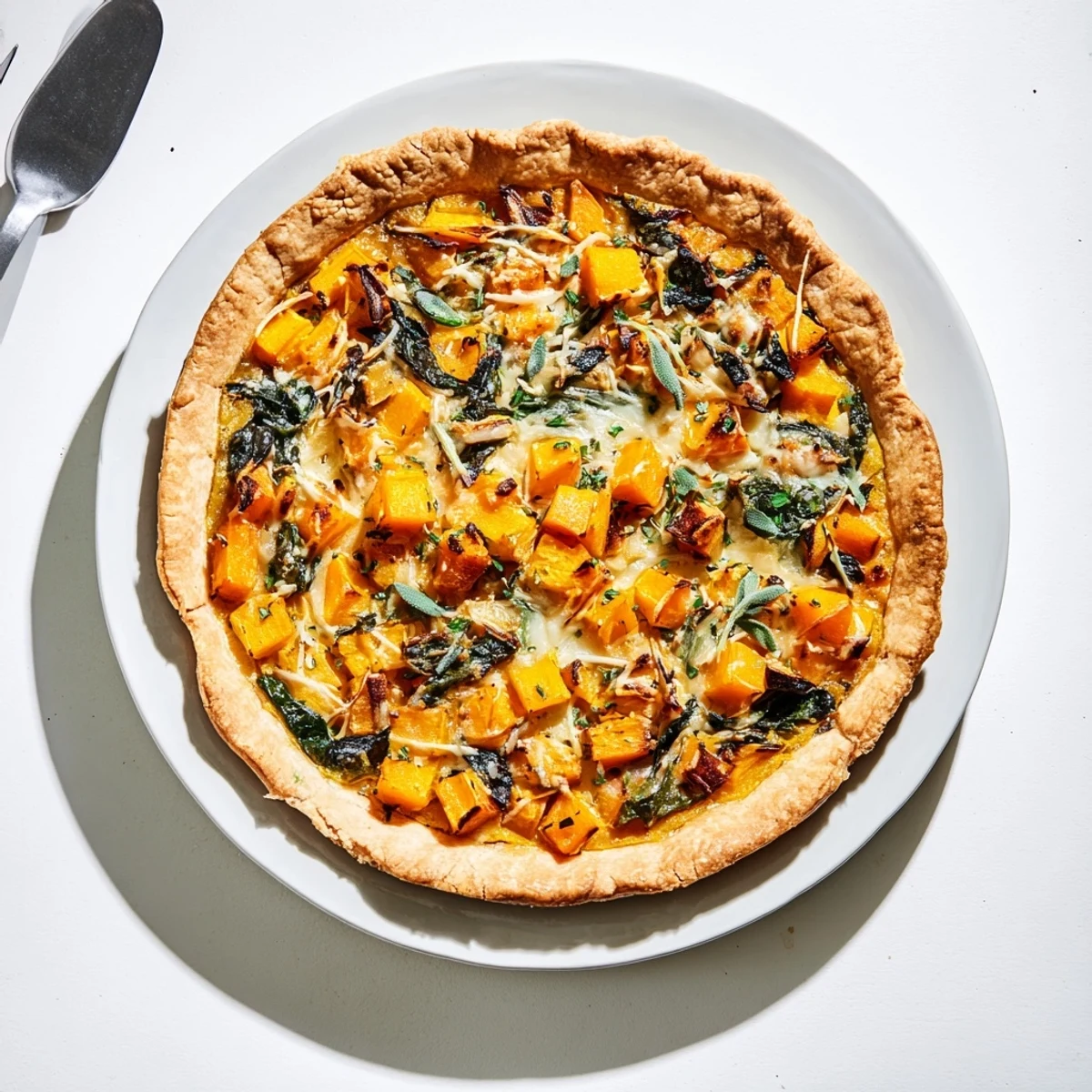 Rustic homemade pie filled with roasted butternut squash and pumpkin for festive autumn dinner