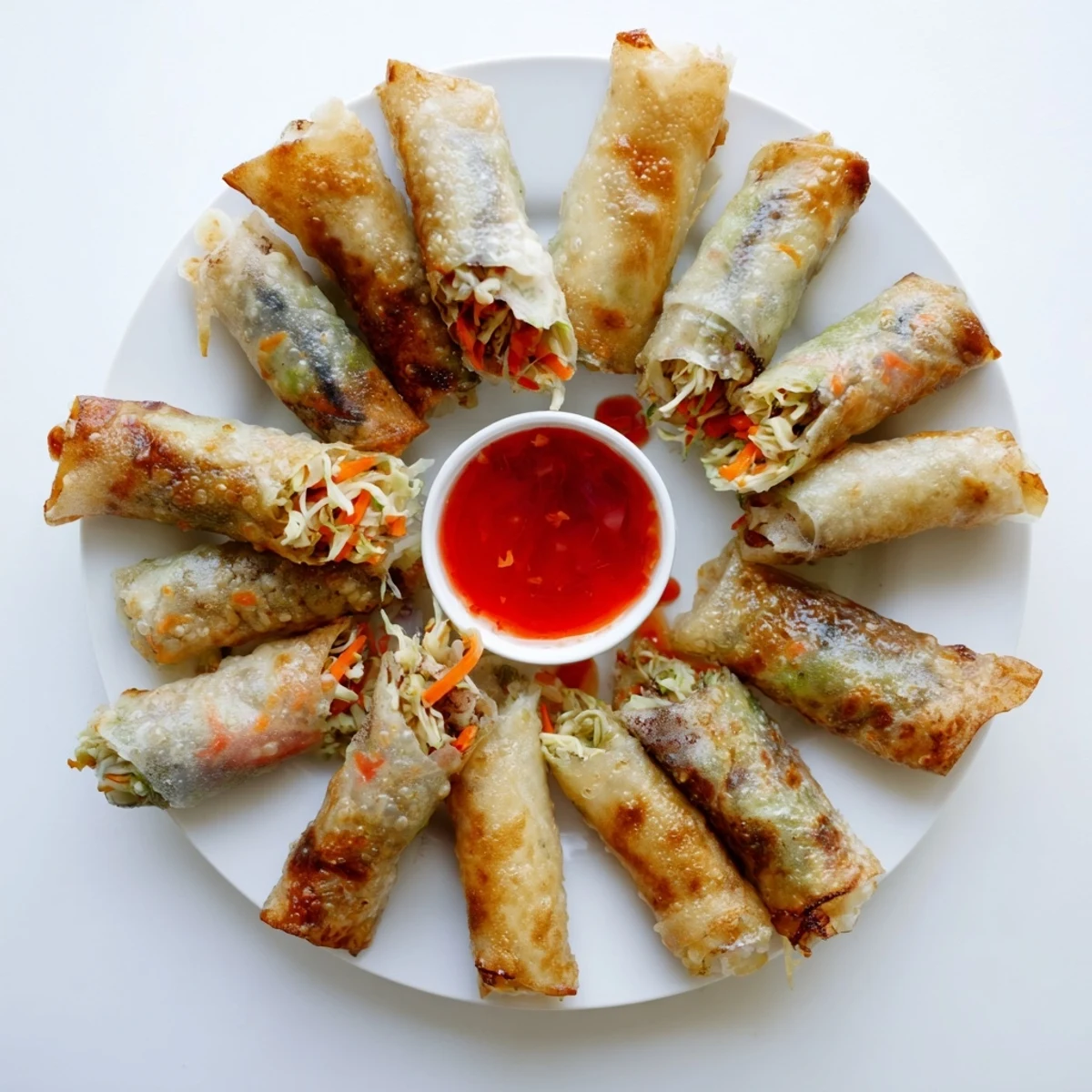 Vegan Vietnamese rice paper spring rolls served with dipping sauce on white plate