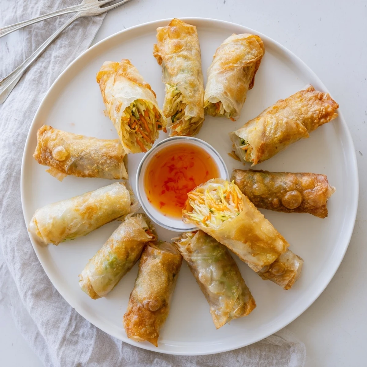 Golden crispy rice paper spring rolls frying in hot oil with vegetable filling