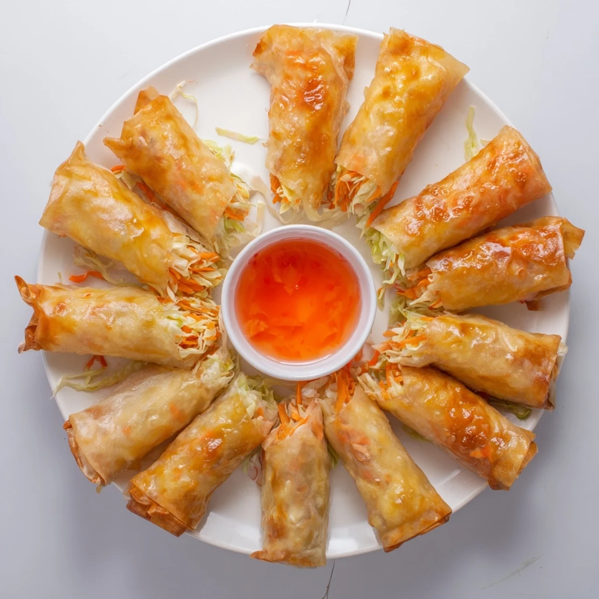 Close-up of crunchy fried rice paper spring rolls packed with shredded vegetables