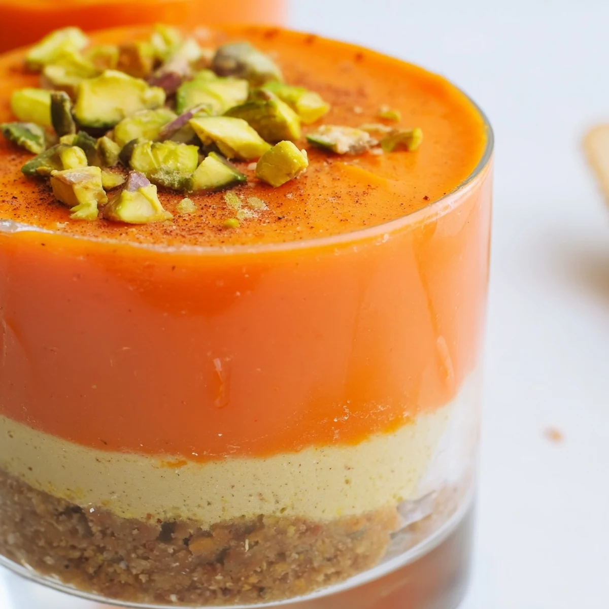 Glass of layered persimmon cheesecake showing creamy vegan filling with bright orange fruit topping