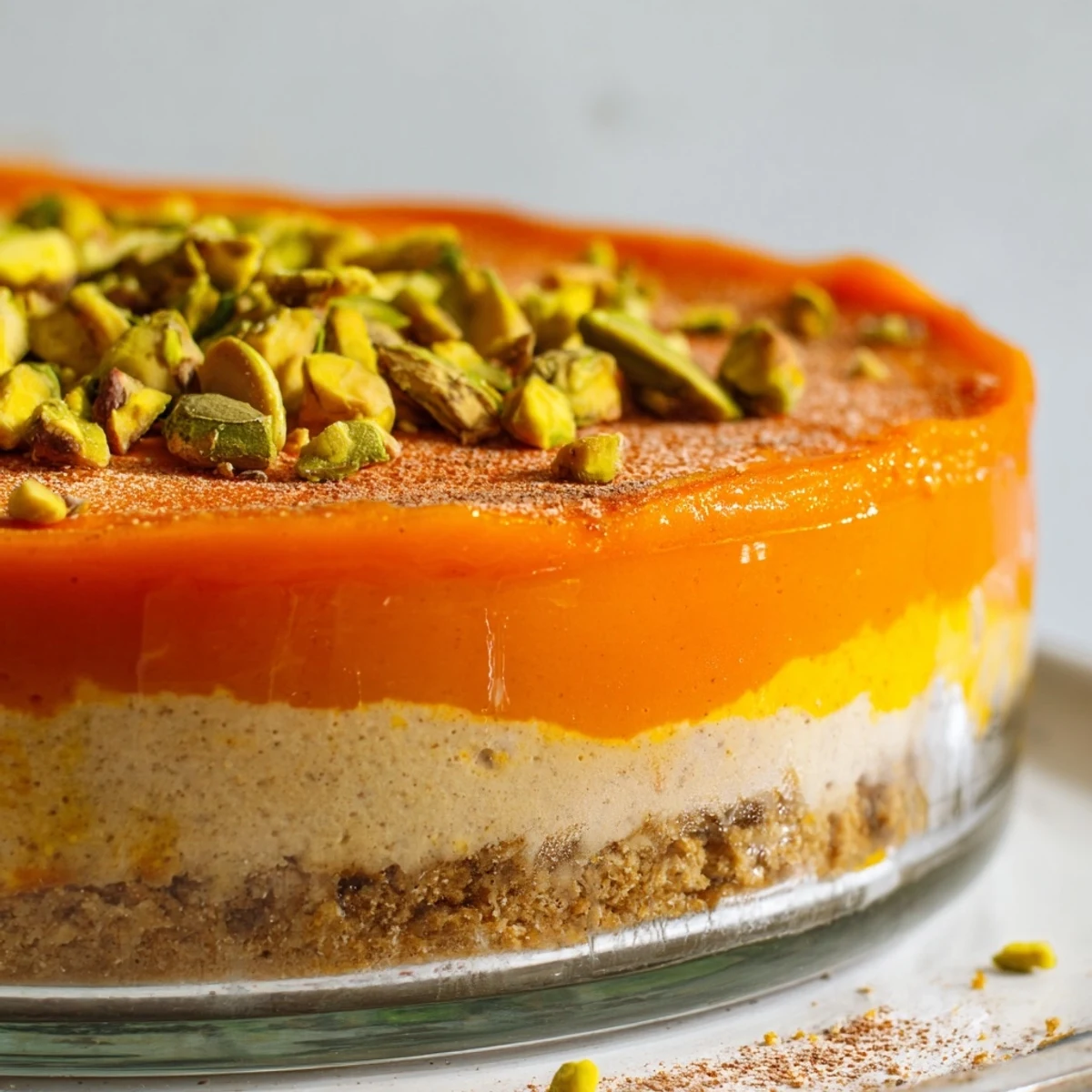 Individual persimmon cheesecake dessert featuring graham cracker crust and smooth dairy-free vanilla layer