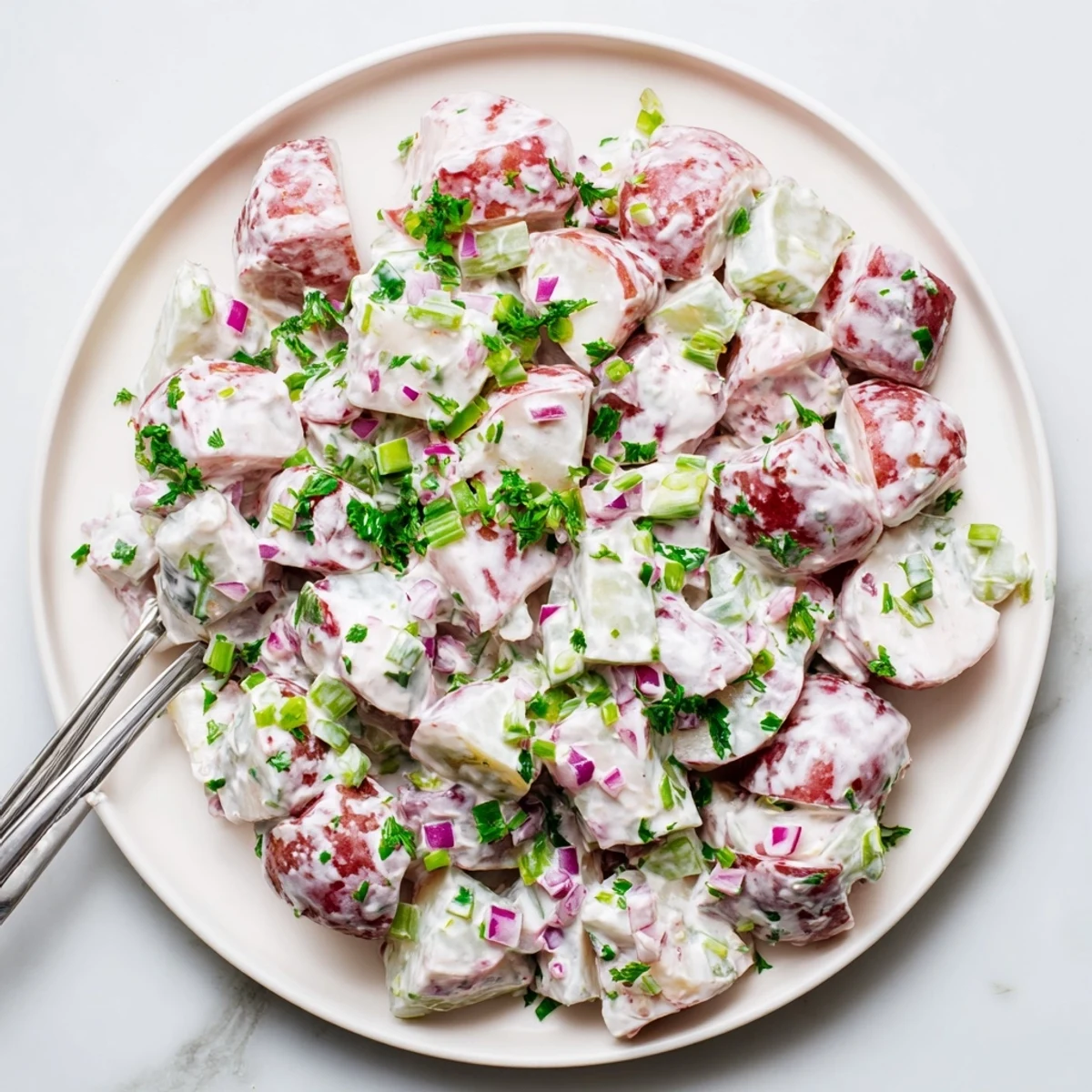 Creamy red potato salad with tender potatoes, crisp celery, and fresh herbs in a bowl