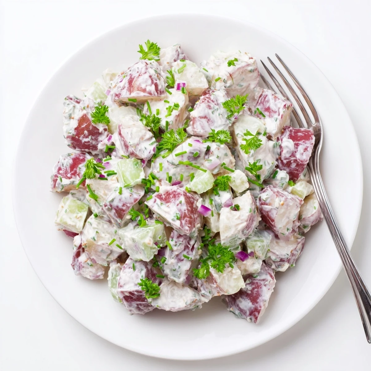 Vibrant red potato salad featuring chopped eggs, onions, and parsley in a tangy mayonnaise dressing
