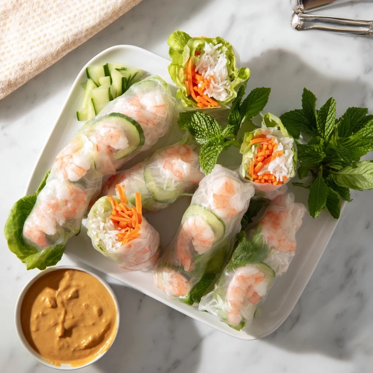 Fresh spring rolls with peanut sauce featuring translucent rice paper wrapped around colorful julienned vegetables and pink shrimp