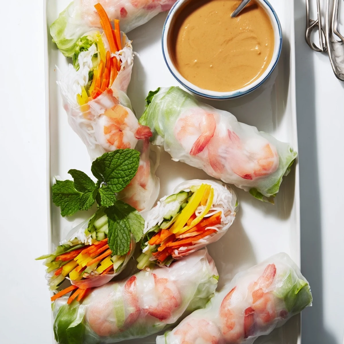 Vietnamese-style fresh spring rolls with peanut sauce arranged on a white plate with vibrant herbs and crisp cucumber visible through delicate wrappers