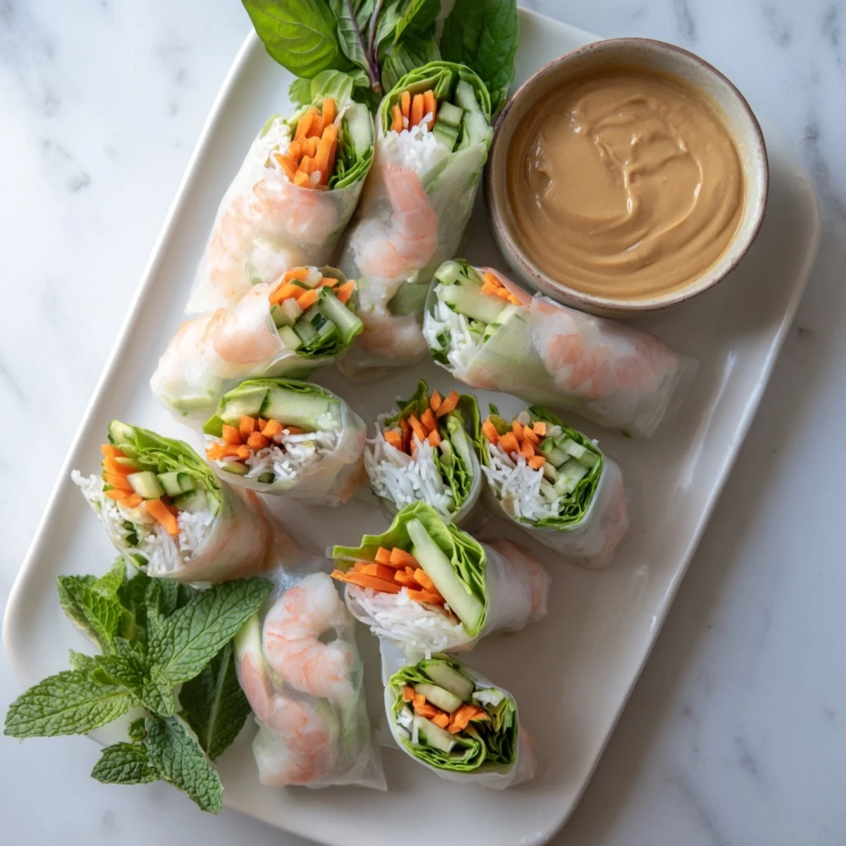 Close-up of fresh spring rolls with peanut sauce showcasing tender shrimp, mint leaves, and rice vermicelli noodles tucked inside soft rice paper