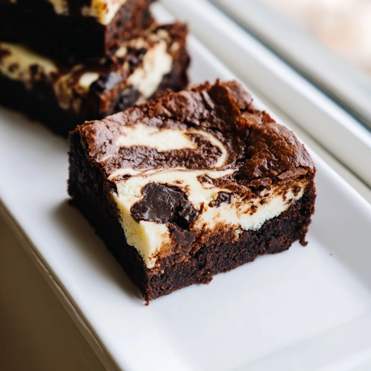 Fudgy chocolate cheesecake swirled brownies with marbled cream cheese topping on a white plate