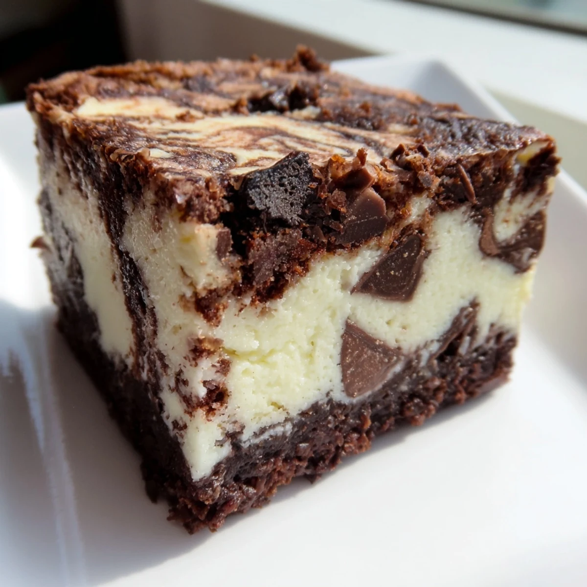 Homemade cheesecake swirled brownies showing distinct marble patterns between fudgy chocolate and vanilla layers