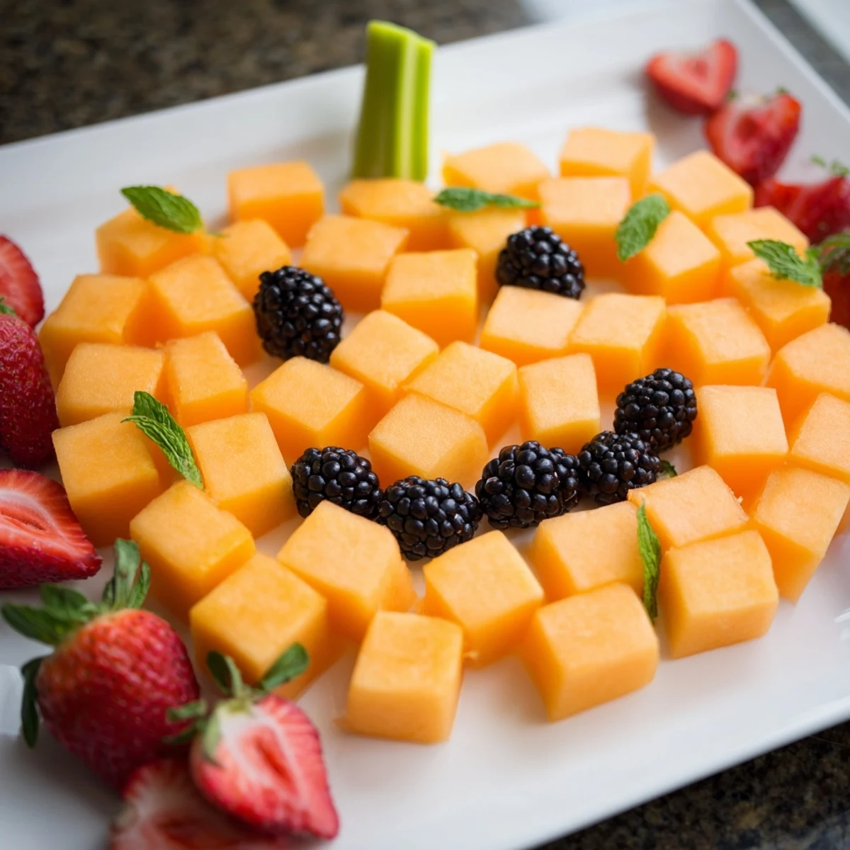 Festive pumpkin fruit tray Halloween platter arranged with cantaloupe, grapes, and blackberries forming a smiling jack-o-lantern face