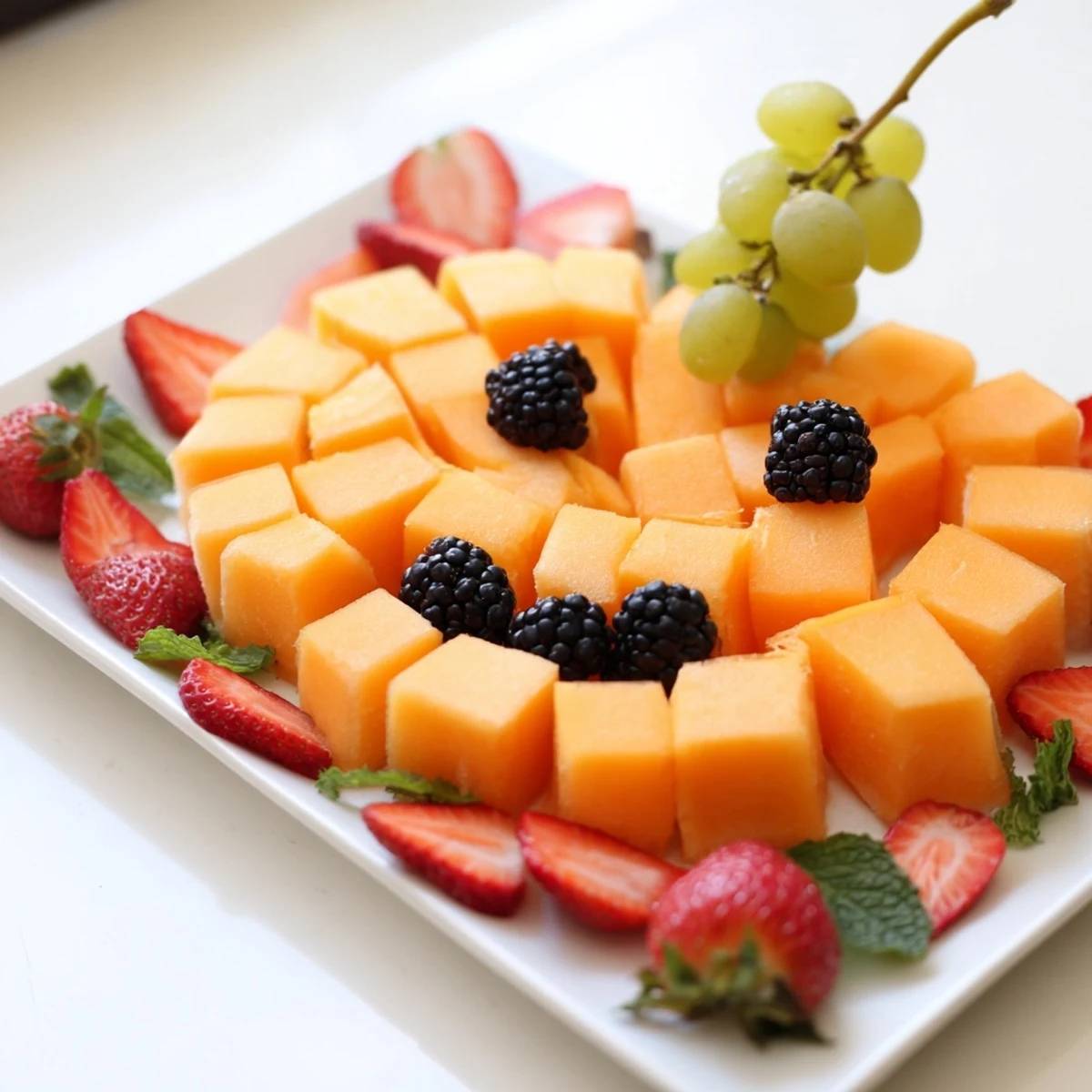 Healthy pumpkin fruit tray Halloween platter featuring orange cantaloupe cubes arranged into a playful jack-o-lantern with fresh fruit toppings
