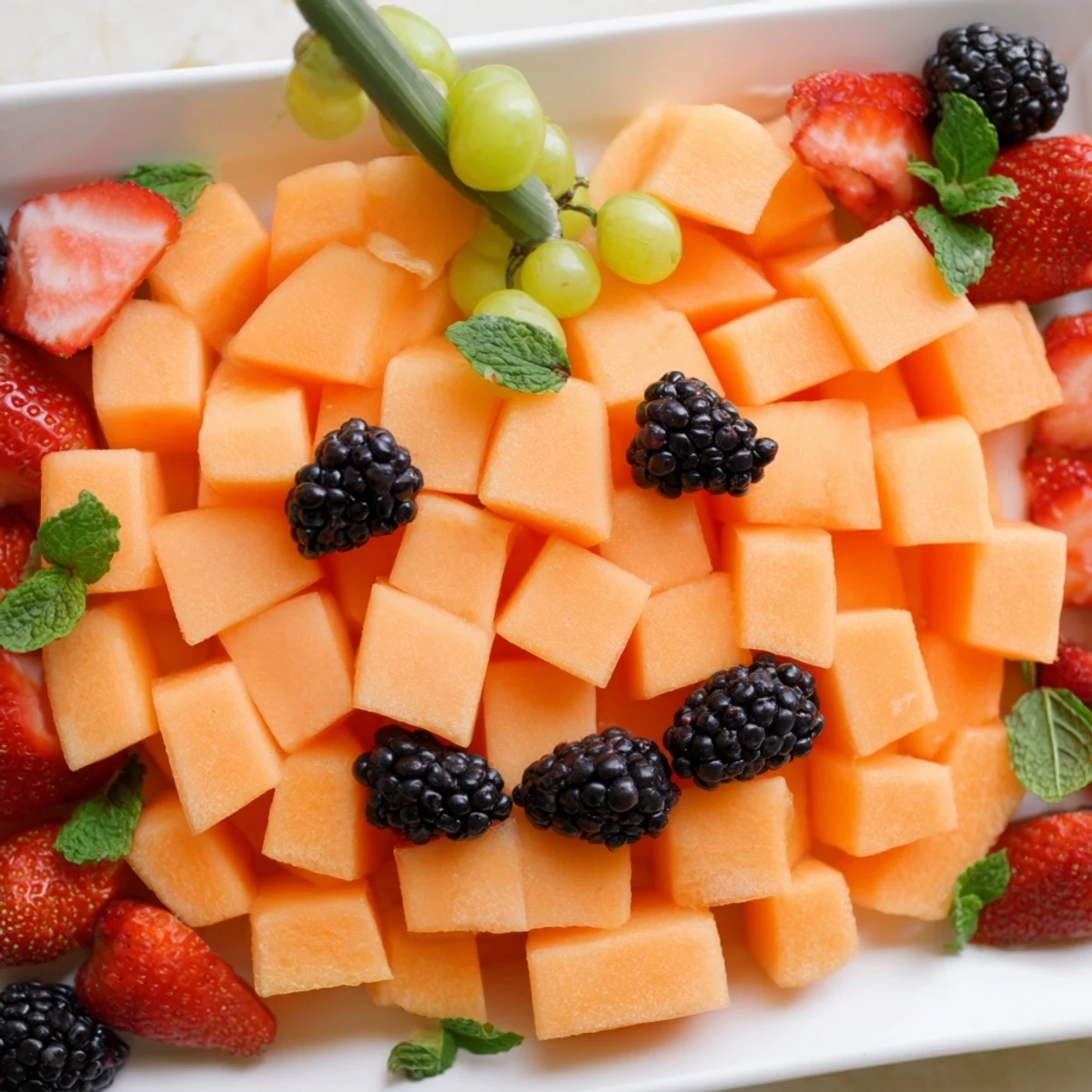 Colorful Halloween pumpkin fruit tray platter displaying fresh cantaloupe body with green grape stem and berry features on round serving tray