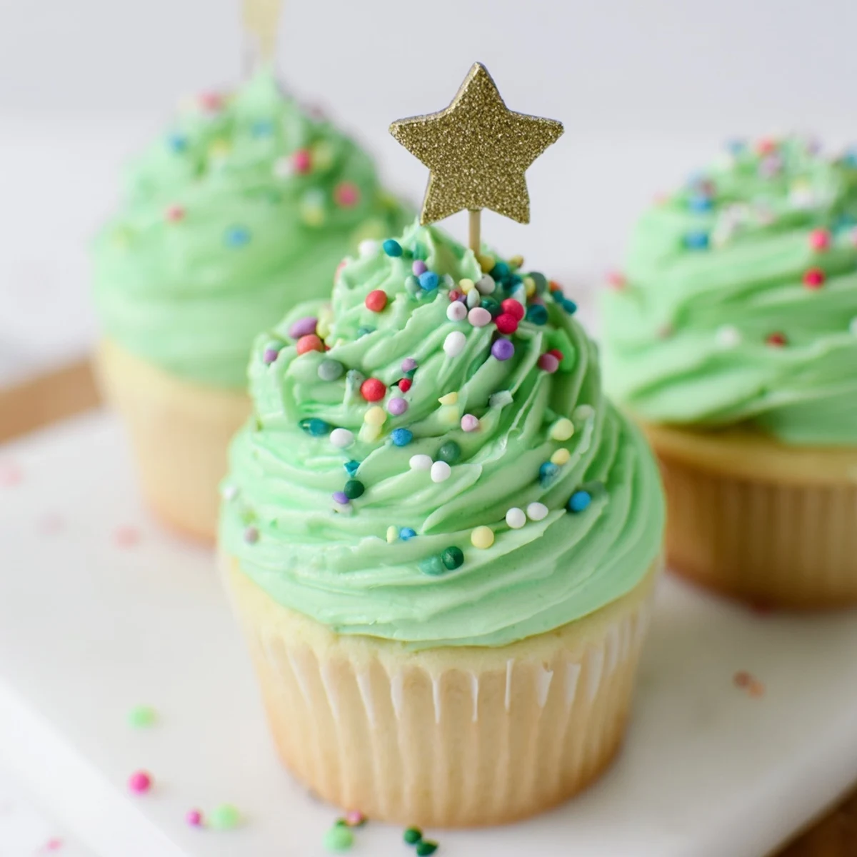 Festive cupcake Christmas tree with green buttercream swirls and colorful ornament sprinkles arranged in a triangular holiday display