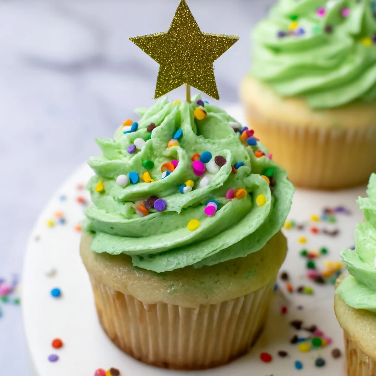 Holiday dessert tower featuring vanilla cupcakes piped with green frosting and decorated like a Christmas tree with gold star topper
