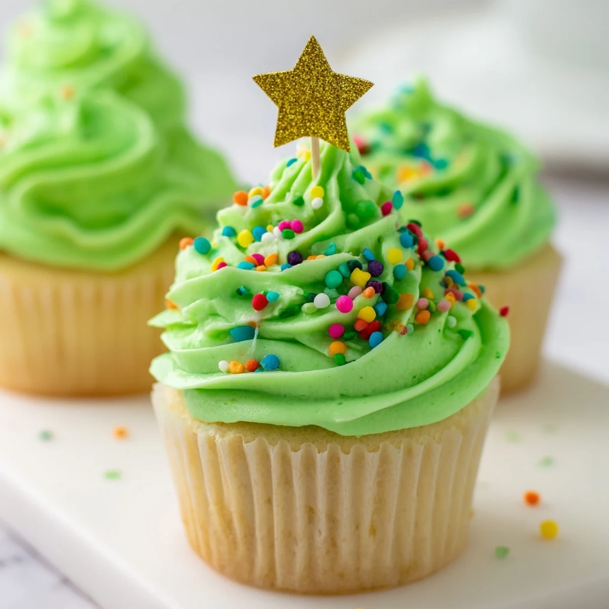 Christmas tree shaped cupcake display with creamy green buttercream, multicolored sprinkles, and edible star perfect for winter parties