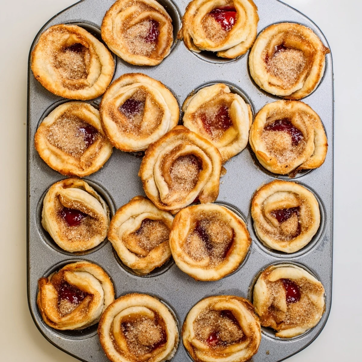 Golden cherry pie bites with bubbling red fruit filling nestled in buttery baked crust
