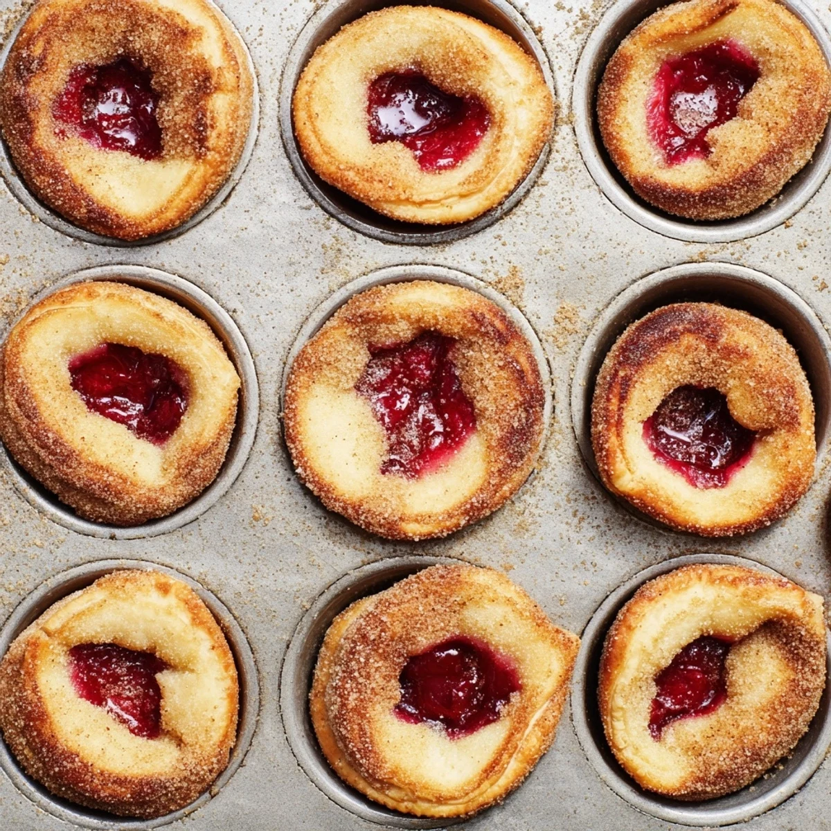 Mini cherry pie bites arranged on serving plate with cinnamon sugar dusted edges