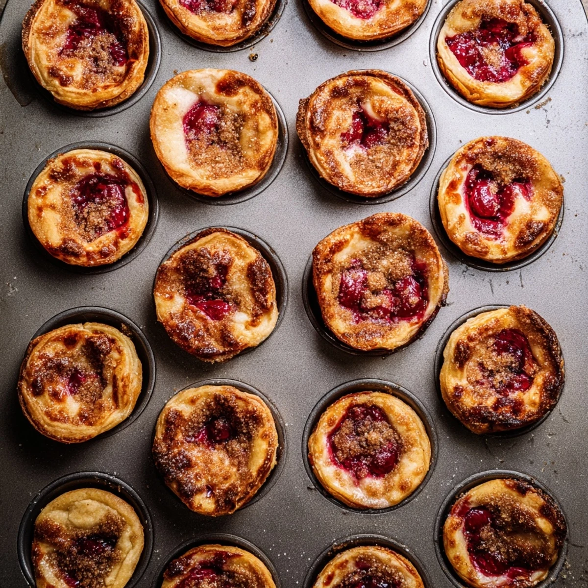 Warm cherry pie bites cooling on baking sheet with sweet cherry filling visible