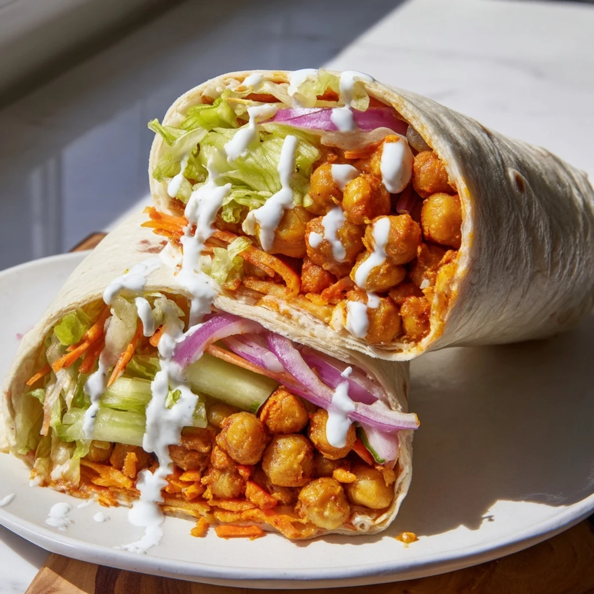 Spicy buffalo chickpea wrap sliced open showing vibrant vegetables and creamy ranch dressing