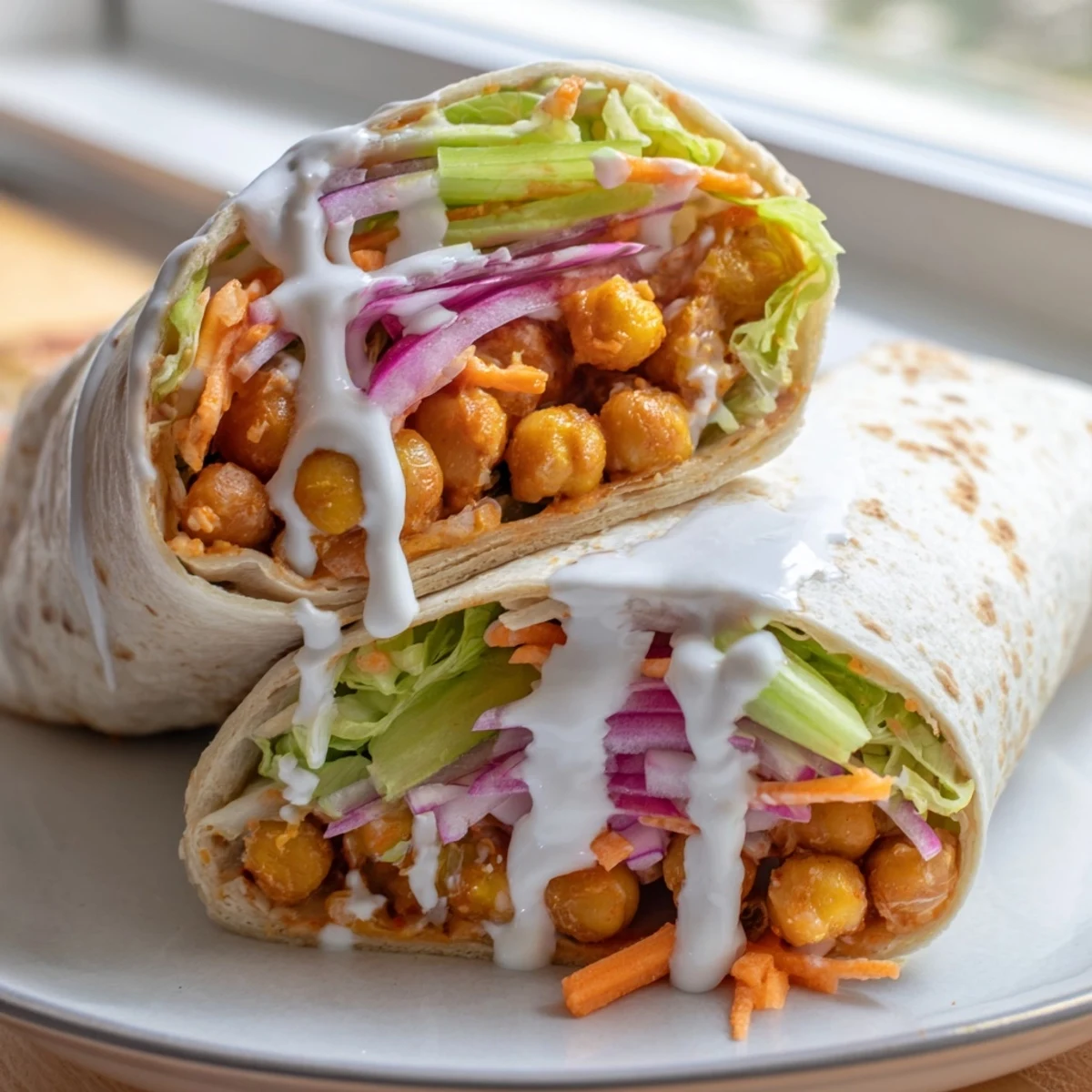 Flour tortilla wrapped around spicy buffalo chickpeas with crisp lettuce and shredded carrot