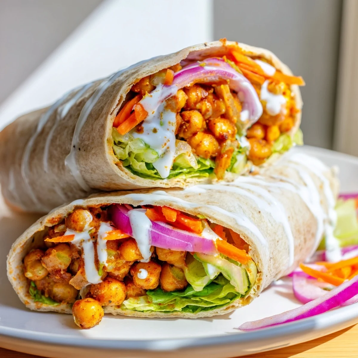 Homemade buffalo chickpea wraps packed with tangy sauce, fresh veggies, and creamy dressing