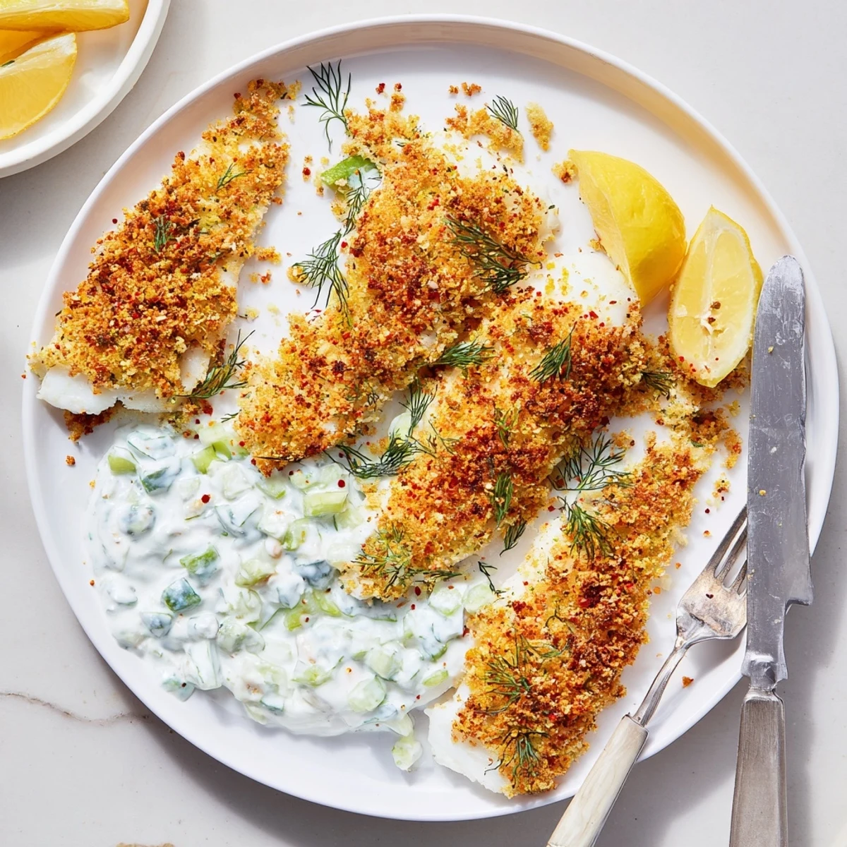 Crispy baked fish coated in seasoned breadcrumbs served alongside cool lemon dill yoghurt dip