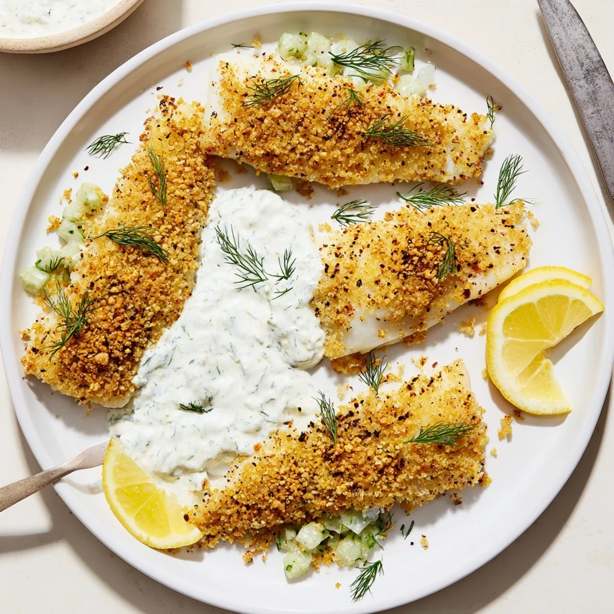 Golden oven-baked crumbed fish fillets with crispy panko topping and refreshing dill cucumber yoghurt sauce