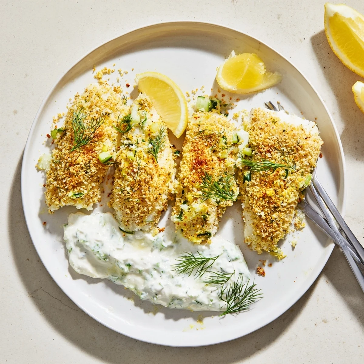 Light and healthy oven baked crumbed fish with tangy cucumber sauce and fresh herbs