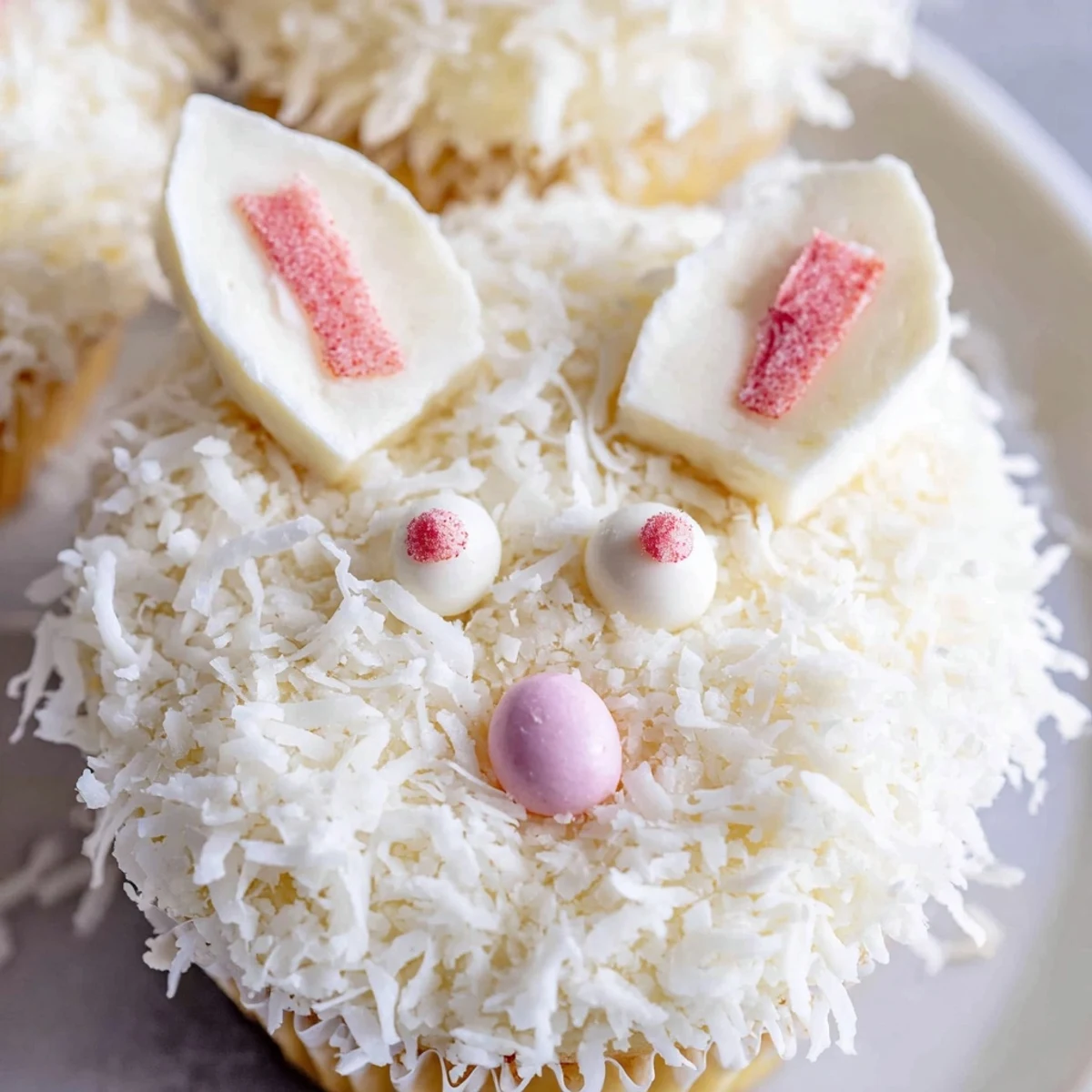Adorable vanilla bunny cupcakes topped with coconut fur, pink ears, and candy eyes for spring celebrations