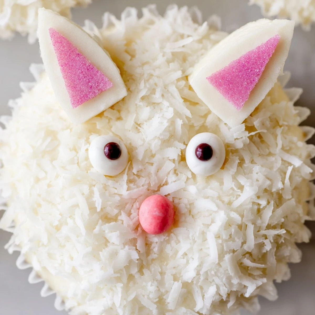 Vanilla cupcakes transformed into cute bunnies with buttercream frosting, coconut fur, and playful candy facial features