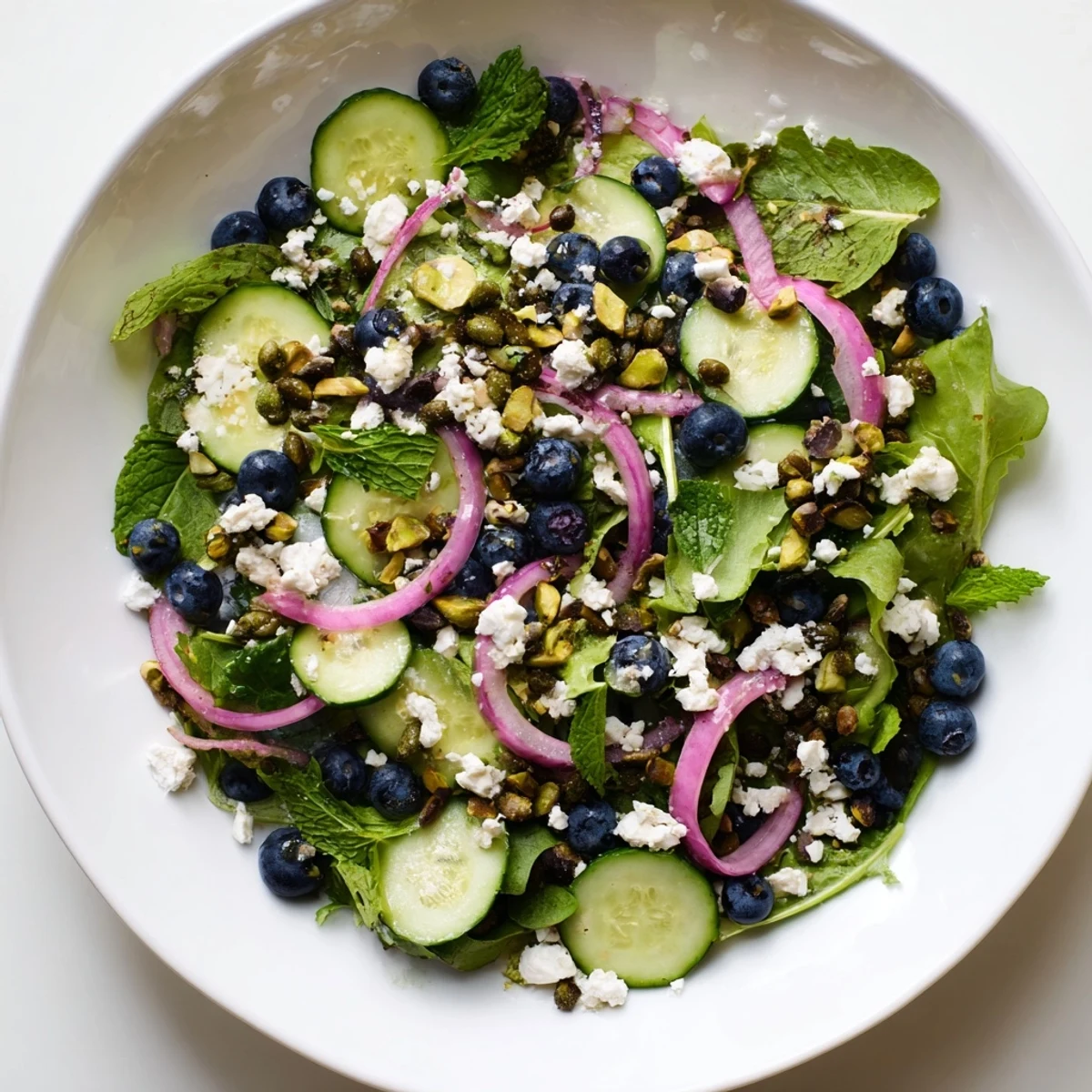 Vibrant blueberry pistachio spring salad drizzled with lemon honey vinaigrette and topped with toasted nuts