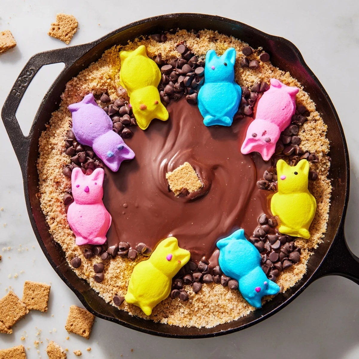 Golden Peeps marshmallow chicks nestled over melted dark chocolate in a cast iron skillet