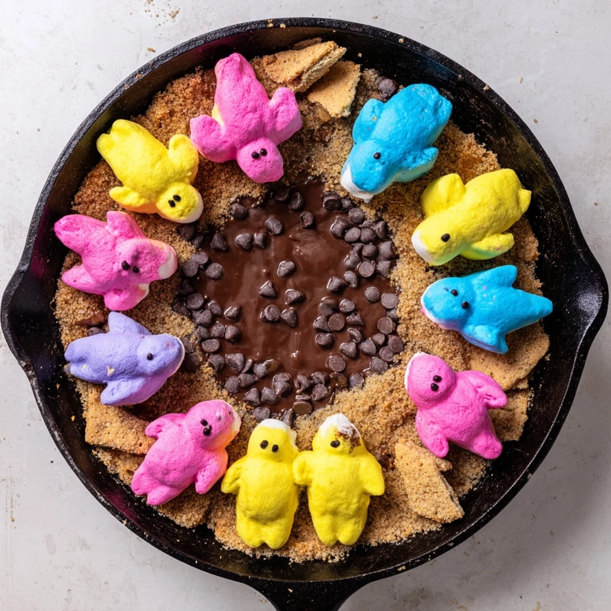 Colorful Easter Peeps puff and toast over gooey chocolate in this oven-baked skillet s'mores