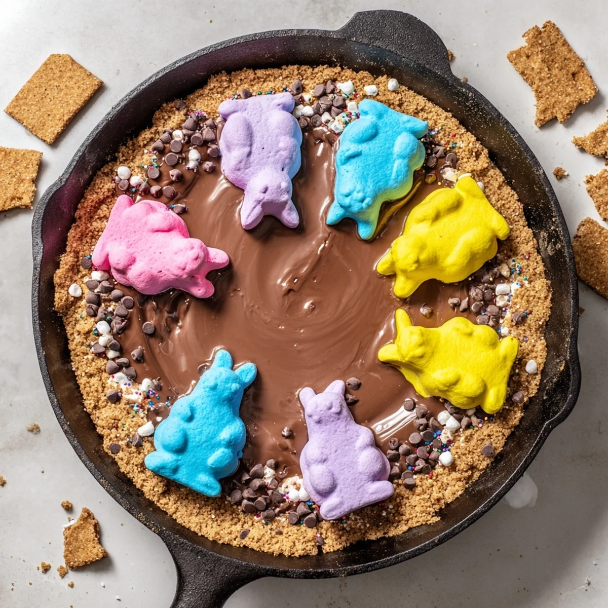 Molten chocolate pooled under toasted Peeps marshmallows served with graham crackers for dipping