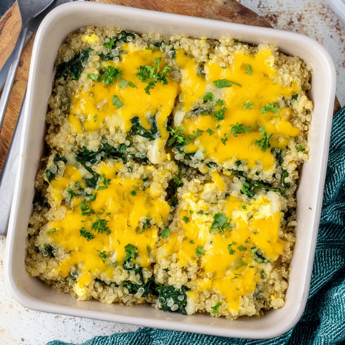 Golden brown quinoa spinach and egg bake with melted cheddar cheese topping on a white ceramic plate