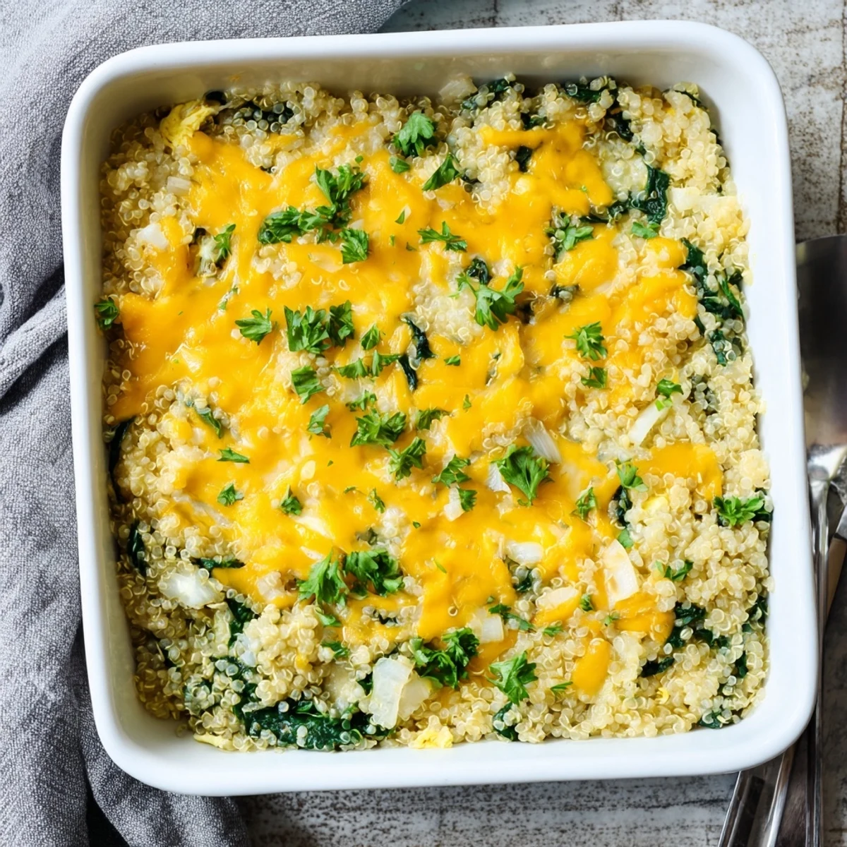Protein-packed breakfast casserole featuring quinoa spinach and baked eggs with crispy golden cheese crust