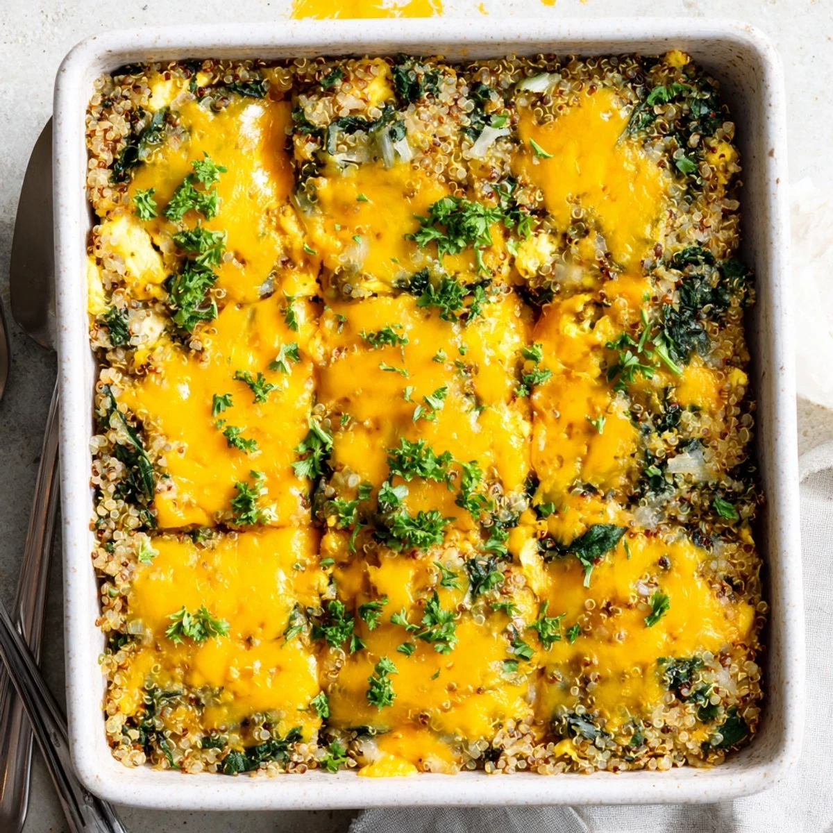 Wholesome vegetarian quinoa spinach and egg bake fresh from the oven with fluffy texture and parsley garnish
