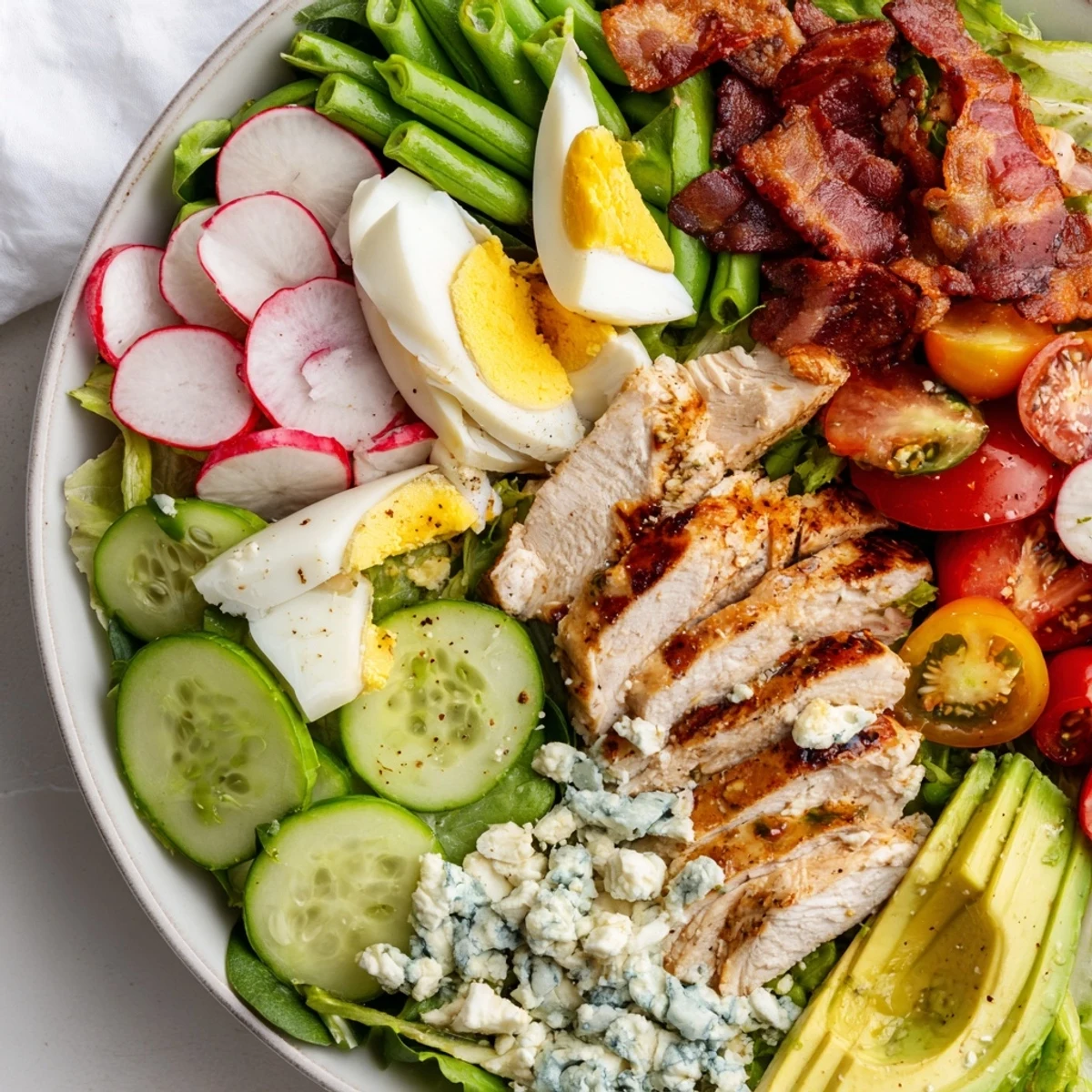 Colorful Spring Cobb Salad arranged with grilled chicken, bacon, avocado, eggs, and fresh spring vegetables over mixed greens
