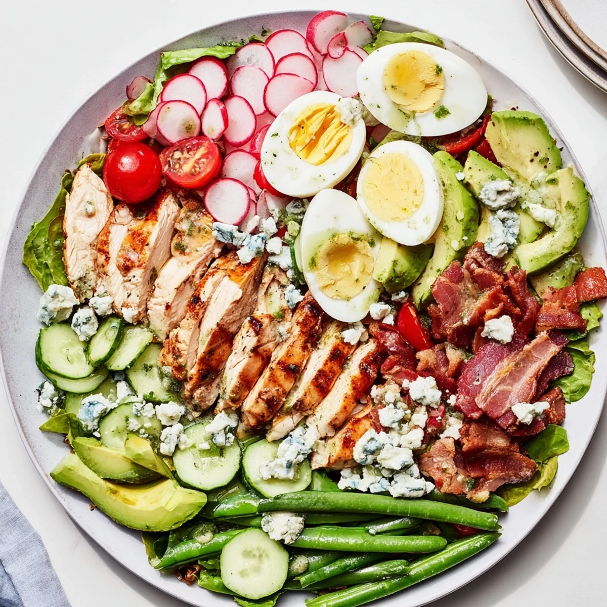 Fresh Spring Cobb Salad platter featuring sliced chicken, hard-boiled eggs, bacon crumbles, cucumber, and herb vinaigrette dressing