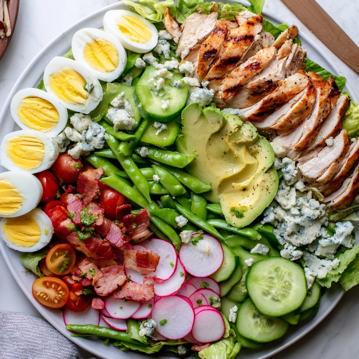 Vibrant Spring Cobb Salad topped with crisp snap peas, radishes, cherry tomatoes, creamy avocado, and tangy blue cheese
